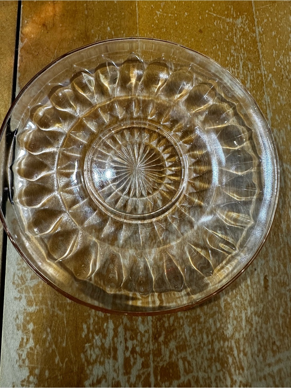 Pink depression glass saucer. Windsor pattern.